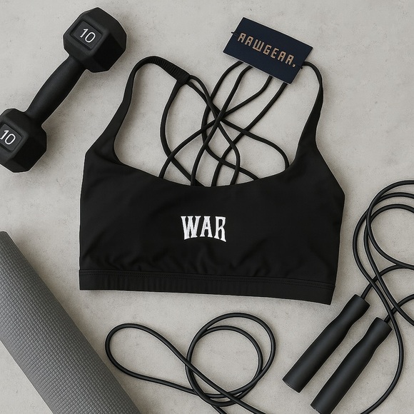 NWT Raw Gear Women’s War Logo Strappy Back Black Sports Bra | XS CrossFit - Picture 1 of 8